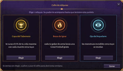 Ventana del cofre de reliquias: elegí 1 de 3, captura real