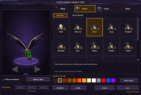 Personalizador de personaje con peinados y alas, captura real (cliente en inglés)